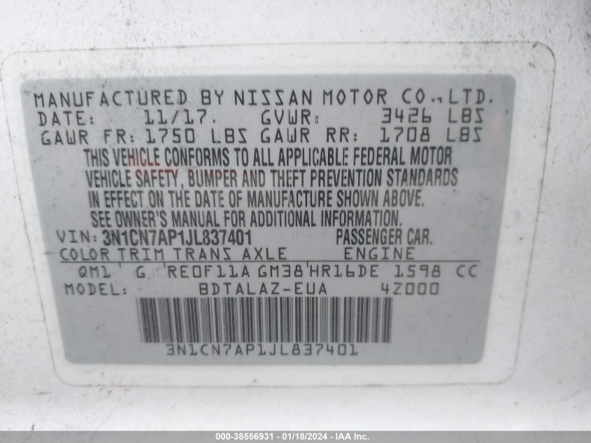 2018 NISSAN VERSA 1.6 S+ - 3N1CN7AP1JL837401