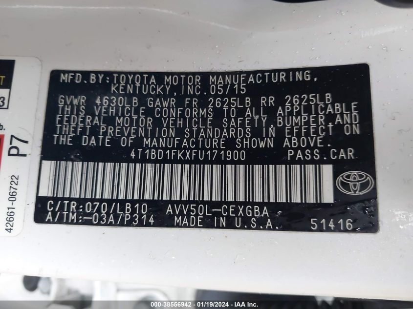 2015 TOYOTA CAMRY HYBRID HYBRID/LE/XLE/SE - 4T1BD1FKXFU171900