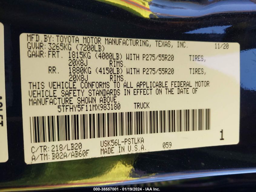 2021 TOYOTA TUNDRA LIMITED - 5TFHY5F11MX983180