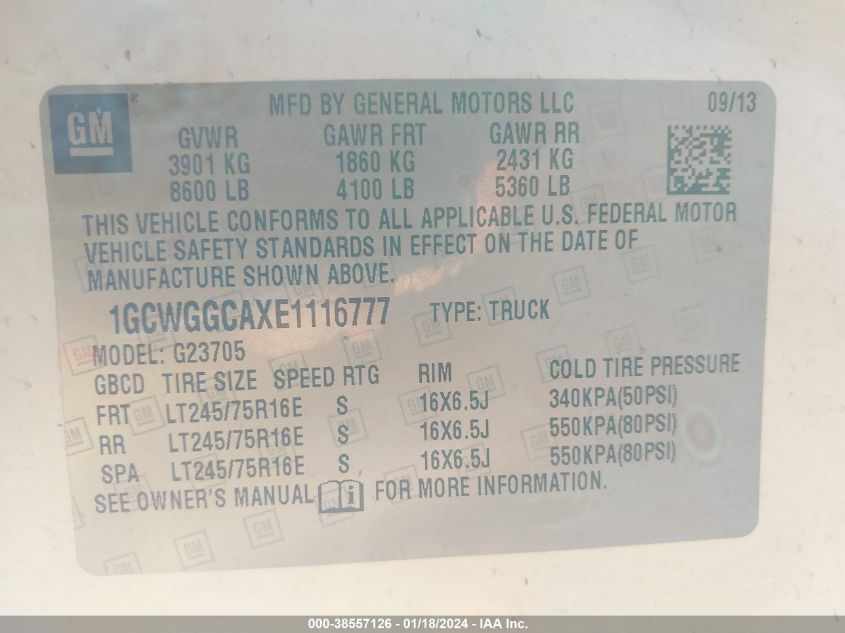 2014 CHEVROLET EXPRESS 2500 WORK VAN 1GCWGGCAXE1116777