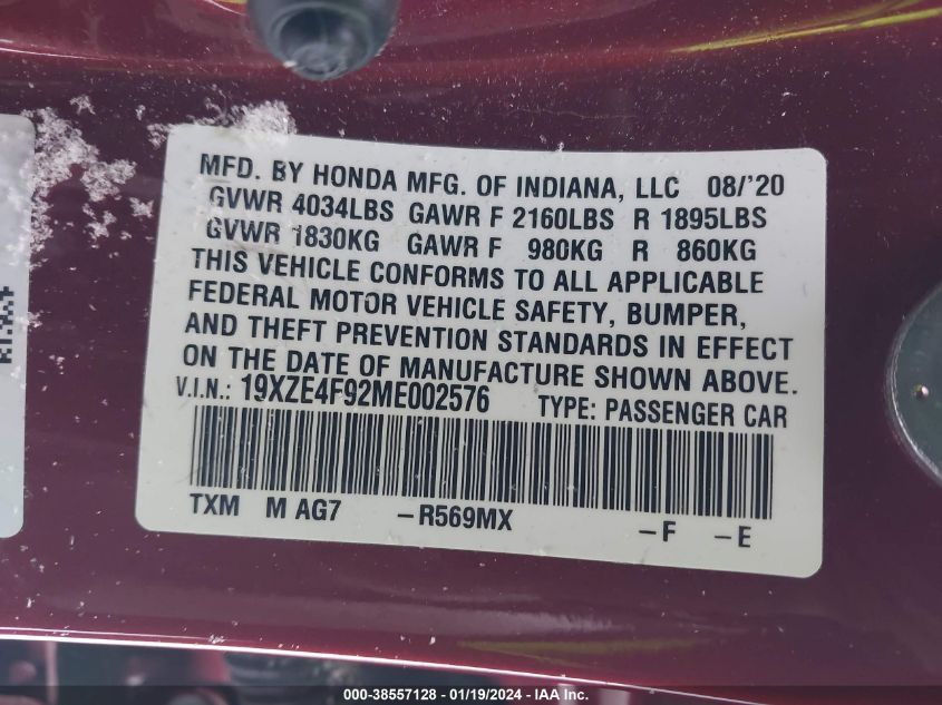 2021 HONDA INSIGHT TOURING - 19XZE4F92ME002576