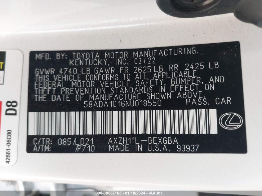 2022 LEXUS ES 300H - 58ADA1C16NU018550