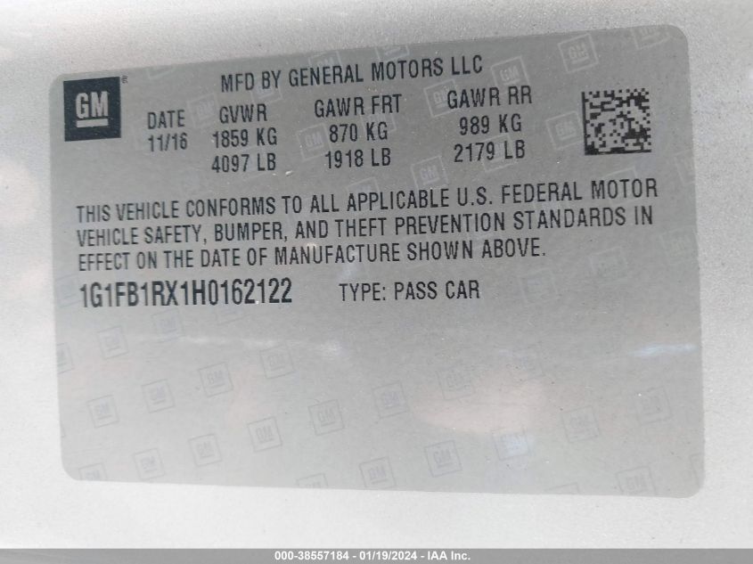 2017 CHEVROLET CAMARO LT - 1G1FB1RX1H0162122