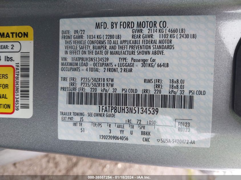 2022 FORD MUSTANG ECOBOOST PREMIUM - 1FATP8UH3N5134539
