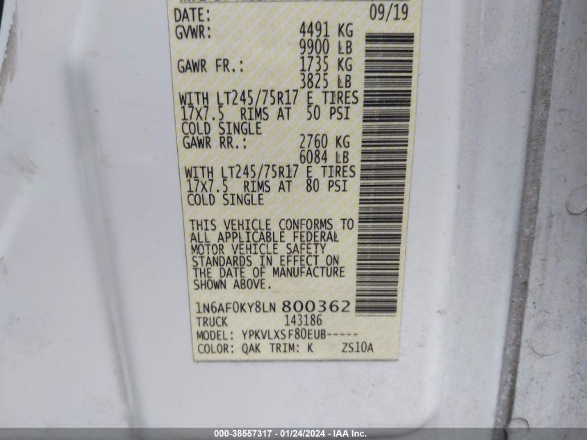 2020 NISSAN NV CARGO NV3500 HD 2500 SV/3500 S/3500 SV/35 - 1N6AF0KY8LN800362