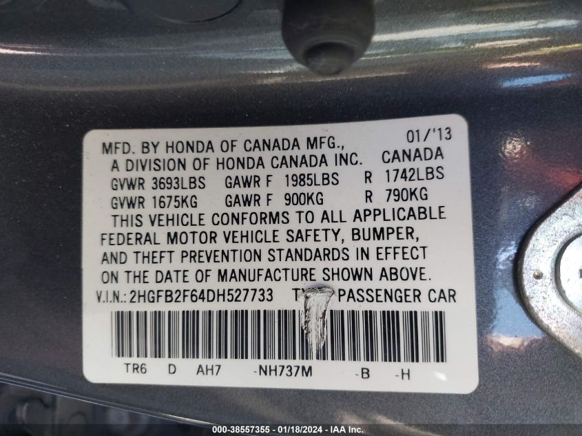 2013 HONDA CIVIC HF - 2HGFB2F64DH527733