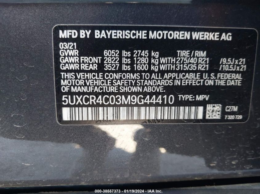 5UXCR4C03M9G44410 2021 BMW X5, photo no. 9