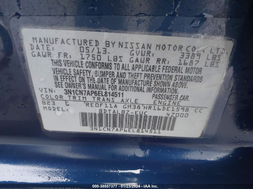 2014 NISSAN VERSA 1.6 SV - 3N1CN7AP6EL814511