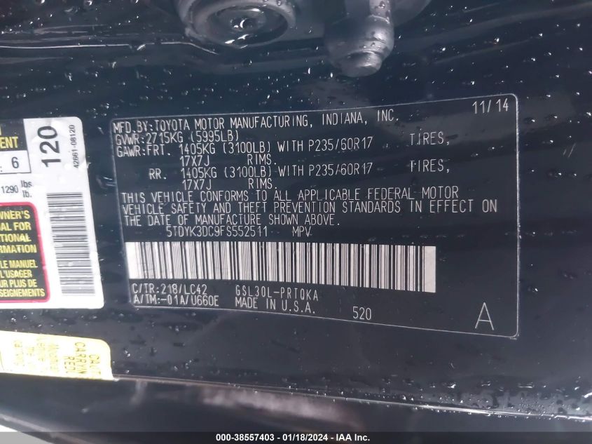 2015 TOYOTA SIENNA XLE 8 PASSENGER - 5TDYK3DC9FS552511