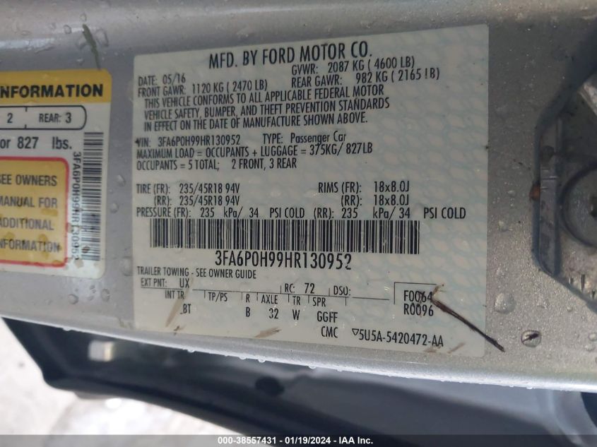 2017 FORD FUSION SE - 3FA6P0H99HR130950