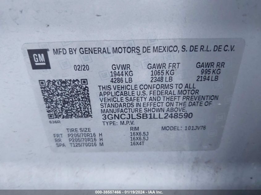2020 CHEVROLET TRAX 1LT - 3GNCJLSB1LL248590