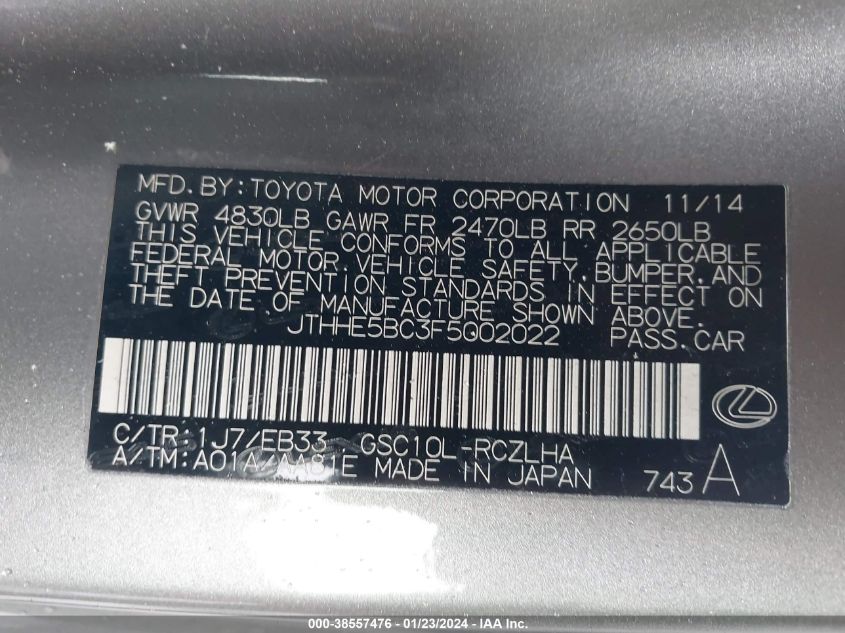 2015 LEXUS RC 350 350 - JTHHE5BC3F5002022