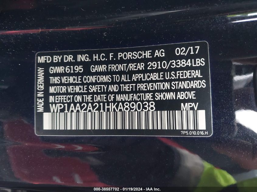 2017 PORSCHE CAYENNE - WP1AA2A21HKA89038