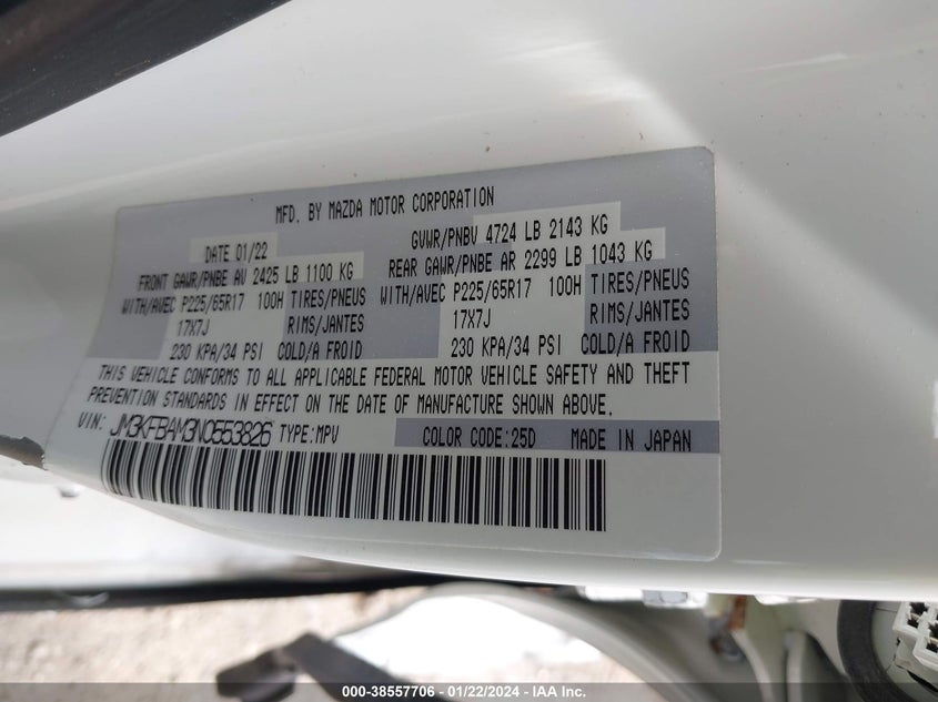 VIN JM3KFBAM3N0553826 2022 MAZDA CX-5 2.5 S