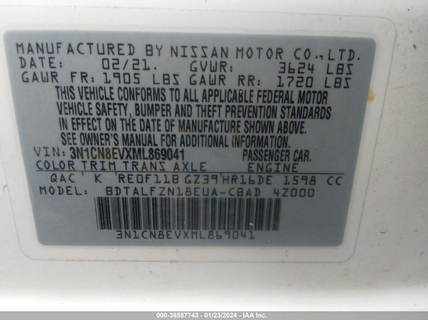 VIN 3N1CN8EVXML869041 Nissan Versa SV XTRONIC CVT 2021 9