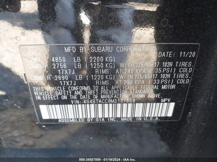 VIN 4S4BTACC8M3137859 2021 SUBARU OUTBACK PREMIUM