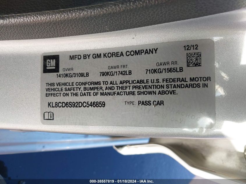 2013 CHEVROLET SPARK 1LT AUTO - KL8CD6S92DC546859