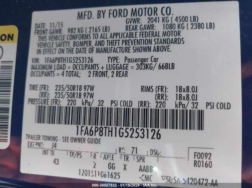 2016 FORD MUSTANG - 1FA6P8TH1G5253126