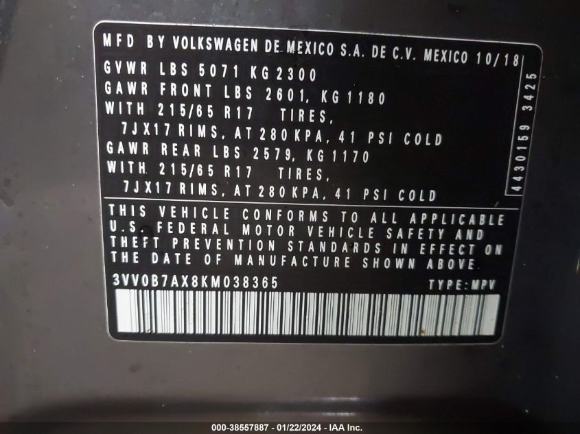 2019 VOLKSWAGEN TIGUAN S - 3VV0B7AX8KM038365