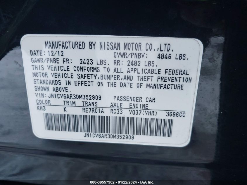 2013 INFINITI G37X - JN1CV6AR3DM352909