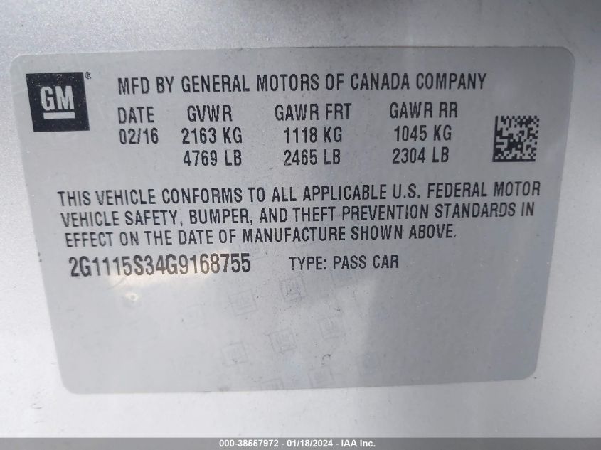 2016 CHEVROLET IMPALA 2LT - 2G1115S34G9168755