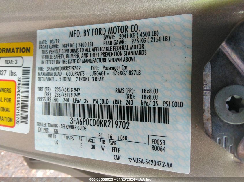 2019 FORD FUSION SEL - 3FA6P0CD0KR219702