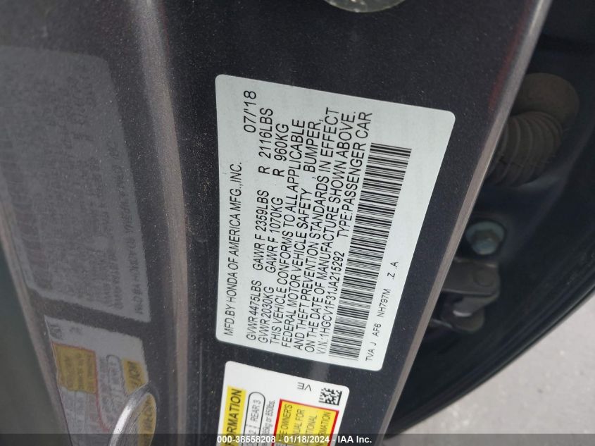 2018 HONDA ACCORD SPORT - 1HGCV1F31JA215292
