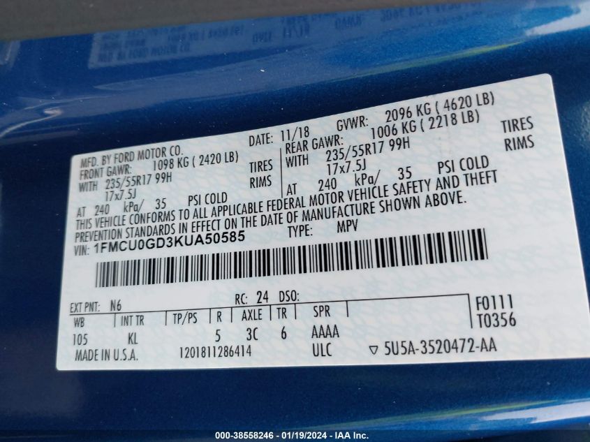 2019 FORD ESCAPE SE - 1FMCU0GD3KUA50585