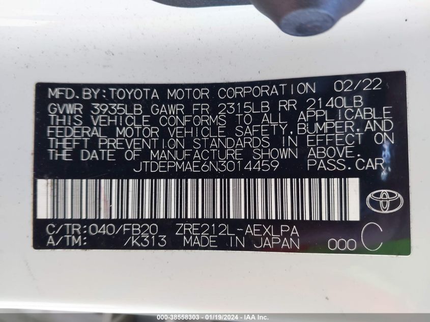 2022 TOYOTA COROLLA LE - JTDEPMAE6N3014459