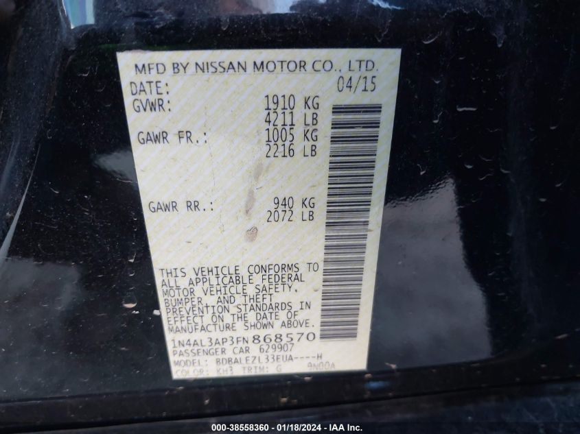 2015 NISSAN ALTIMA 2.5 S - 1N4AL3AP3FN868570
