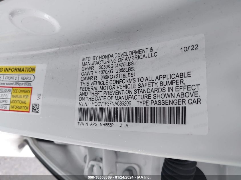 2022 HONDA ACCORD SPORT - 1HGCV1F37NA086206