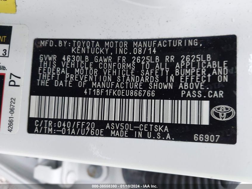 2014 TOYOTA CAMRY SE - 4T1BF1FK0EU866766