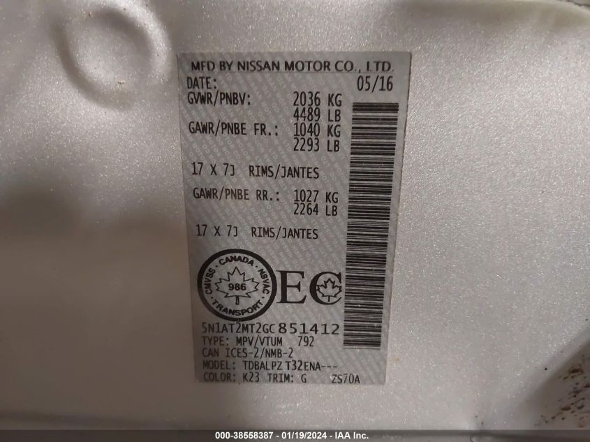 2016 NISSAN ROGUE - 5N1AT2MT2GC851412