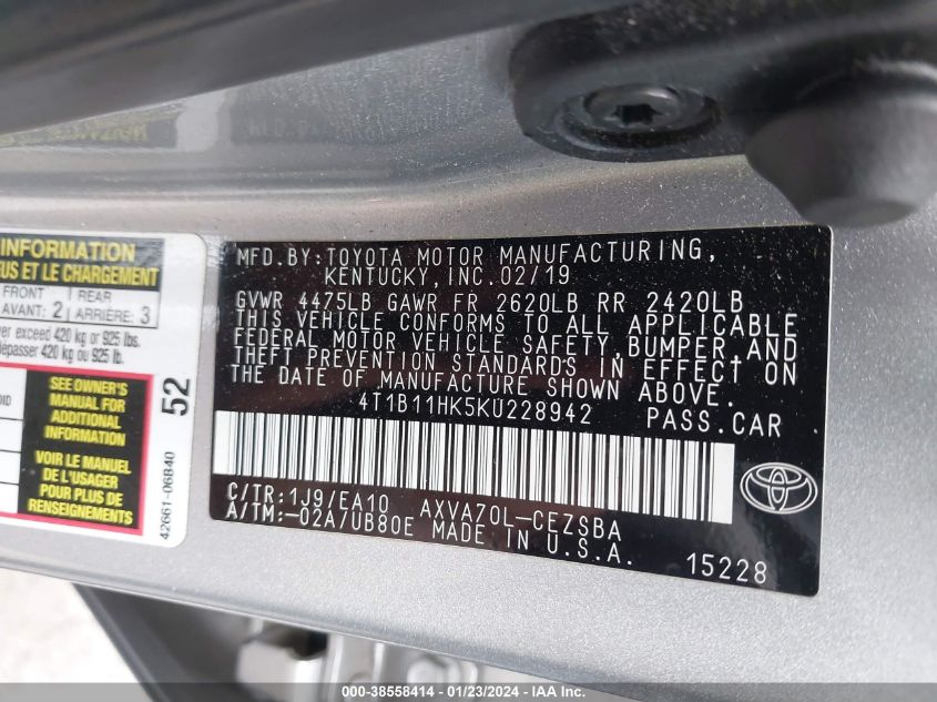 2019 TOYOTA CAMRY SE - 4T1B11HK5KU228942