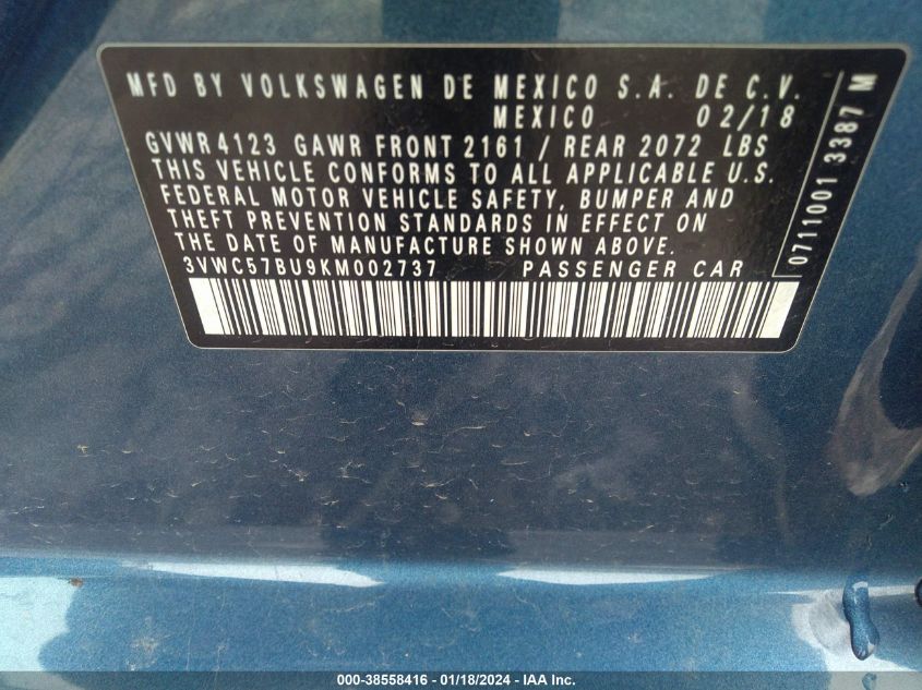 2019 VOLKSWAGEN JETTA 1.4T R-LINE/1.4T S/1.4T SE - 3VWC57BU9KM002737