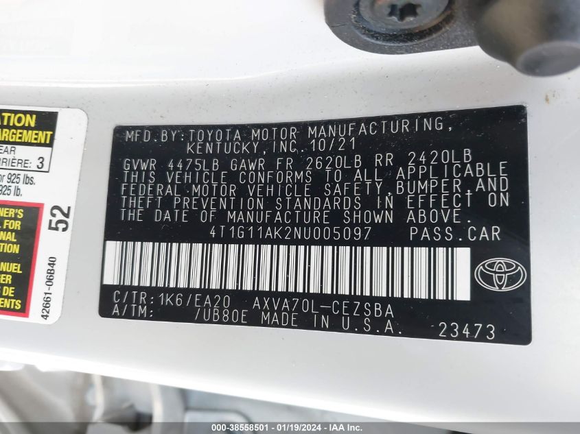 4T1G11AK2NU005097 | 2022 TOYOTA CAMRY