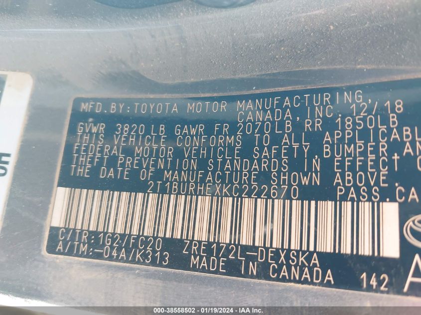 2019 TOYOTA COROLLA L/LE/XLE/SE/XSE - 2T1BURHEXKC222670