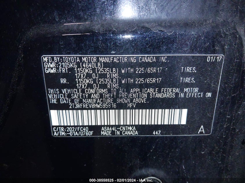 VIN 2T3RFREV8HW595816 2017 TOYOTA RAV4 XLE