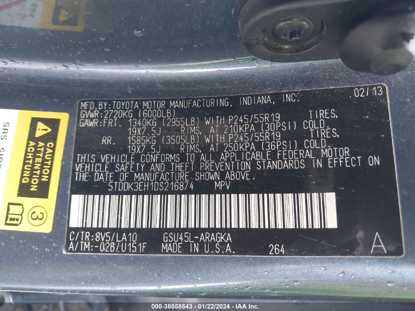 2013 TOYOTA HIGHLANDER LIMITED - 5TDDK3EH1DS216874