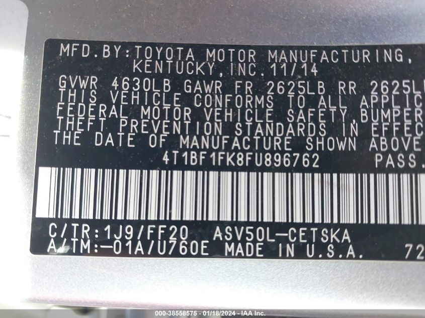 2015 TOYOTA CAMRY SE - 4T1BF1FK8FU896762