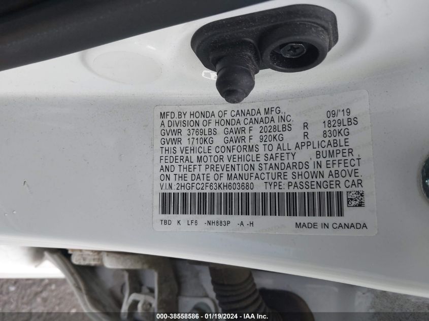 2019 HONDA CIVIC LX - 2HGFC2F63KH603680