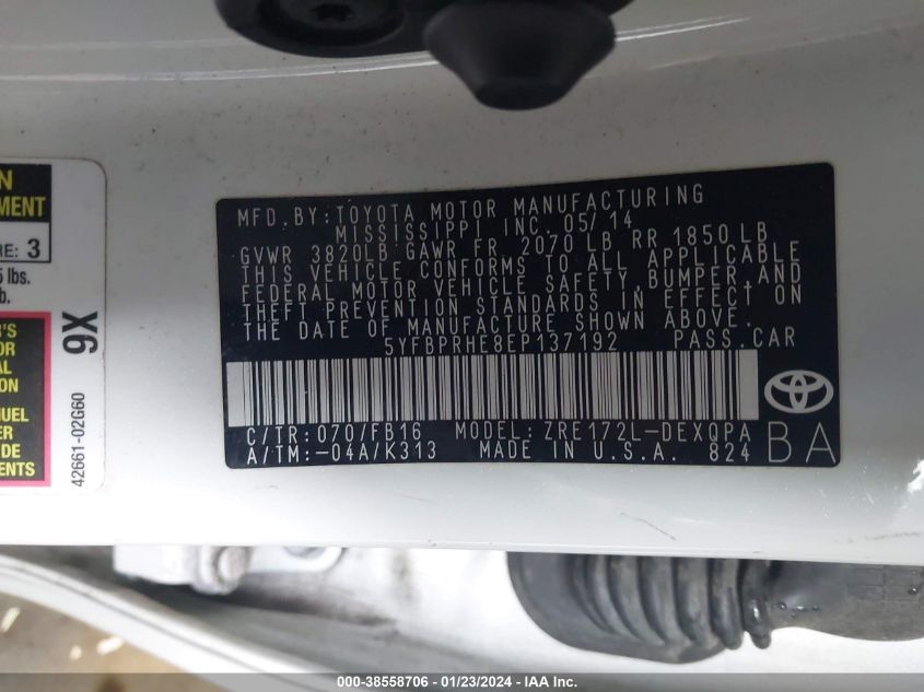 2014 TOYOTA COROLLA LE ECO - 5YFBPRHE8EP137192