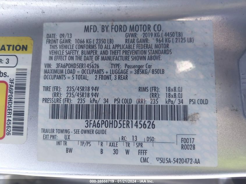 2014 FORD FUSION SE - 3FA6P0HD5ER145626
