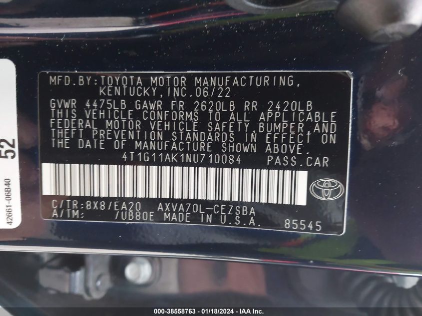2022 TOYOTA CAMRY SE - 4T1G11AK1NU710084