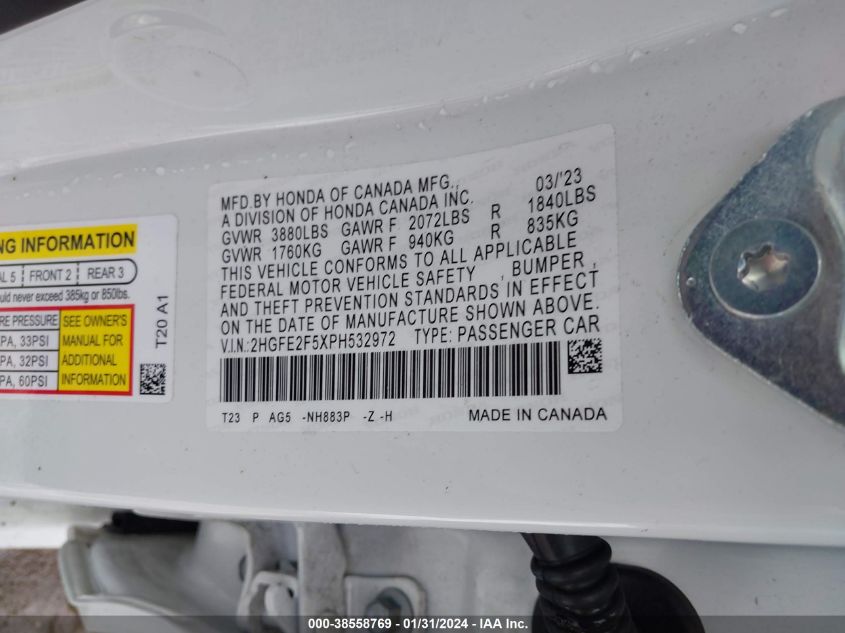 2023 HONDA CIVIC SPORT - 2HGFE2F5XPH532972