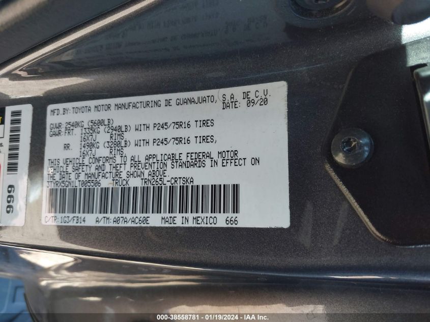 2020 TOYOTA TACOMA SR - 3TYRX5GN1LT005506