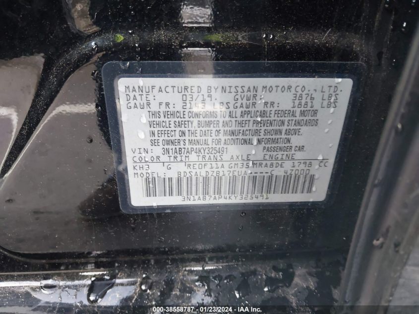 2019 NISSAN SENTRA SV - 3N1AB7AP4KY325491
