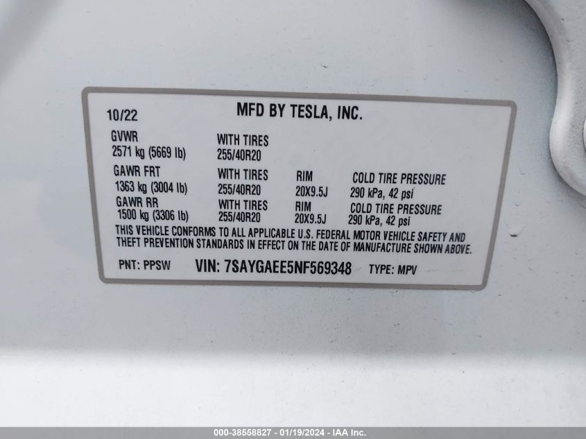 2022 TESLA MODEL Y LONG RANGE DUAL MOTOR ALL-WHEEL DRIVE - 7SAYGAEE5NF569348