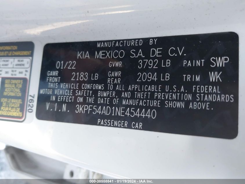 2022 KIA FORTE GT LINE - 3KPF54AD1NE454440