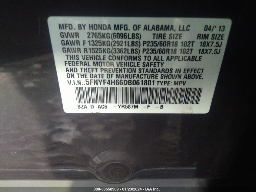 2013 HONDA PILOT EXL - 5FNYF4H66DB061801